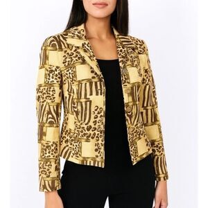 Vintage 80s-90s Gantos Tan Brown Animal Bamboo Patchwork Print Silk Jacket Sz 4